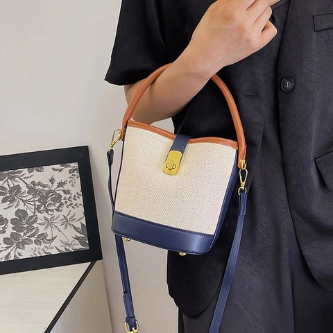 Bolso Cubo Mujeres Lona Cuero PU Patchwork Color Contraste Bolso Hombro Bandolera Retro Elegante