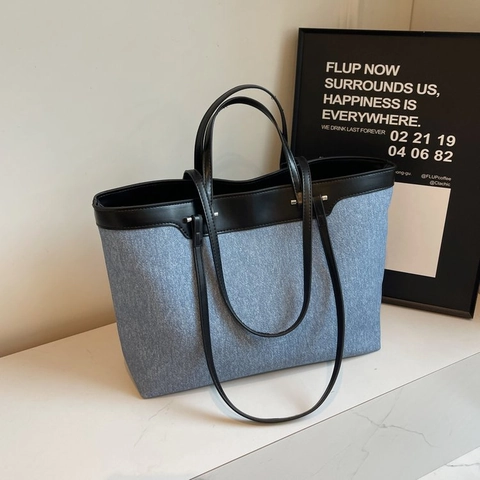 Bolso Tote Gran Capacidad Denim Cuero PU Contraste Hombro Bolso Mano Casual Conmutar Estilo Retro Para Mujeres