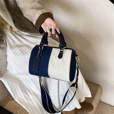 Boston Handbag Denim Canvas Contrast Color Large Capacity Shoulder Crossbody Bag With Detachable Wide Strap For Women
