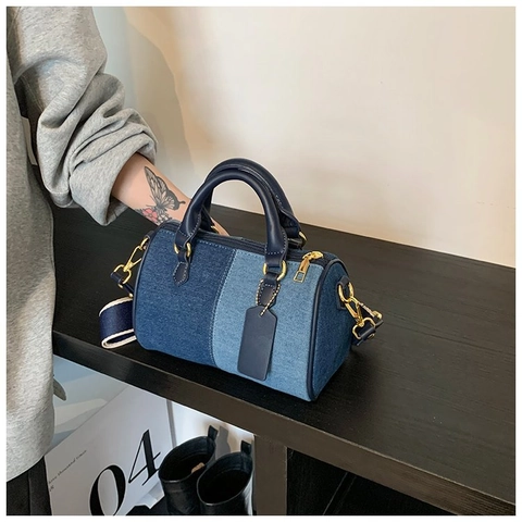 Borsa Boston Denim Tela Colore A Contrasto Grande Capacità Borsa A Tracolla Con Tracolla Larga Rimovibile Per Donna