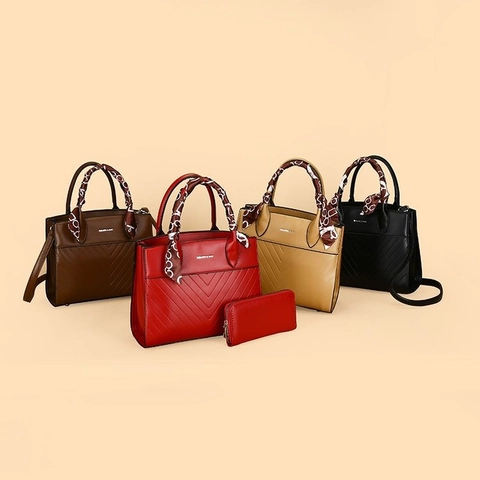 Borsa A Mano E Portafoglio Lungo Donna Pelle PU Tote Trapuntata A V Con Manico In Sciarpa Di Raso Vintage