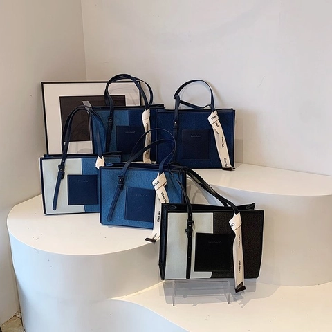 Bolso Tote Grande De Lona Vaquera Y Cuero Sintético Patchwork Color Contrastado Bolso De Hombro Con Cinta Para Mujer