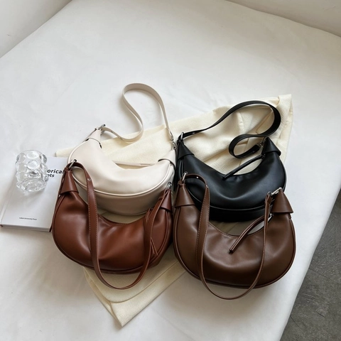 Bolso Hobo De Cuero PU Minimalista Para Mujer Media Luna Bolso De Hombro De Axila Con Correa Ajustable De Ojales