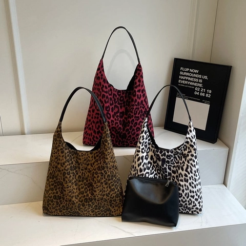 Leopard Print Tote Bag Damen Große Kapazität Schultertasche Hobo Tasche Mit Beutel Tiermuster Mode Wildleder Optik Handtasche