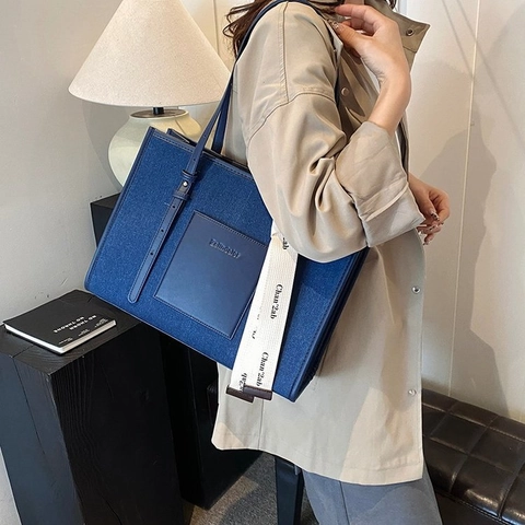Bolso Tote Grande De Lona Vaquera Y Cuero Sintético Patchwork Color Contrastado Bolso De Hombro Con Cinta Para Mujer