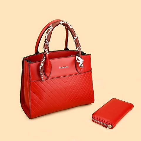 Borsa A Mano E Portafoglio Lungo Donna Pelle PU Tote Trapuntata A V Con Manico In Sciarpa Di Raso Vintage