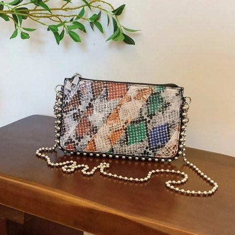 Bunte Schlangenmuster PU Leder Umhängetasche Mit Silbern Kugelkette Schultertasche Kleiner Trendiger Metallperlenbesatz