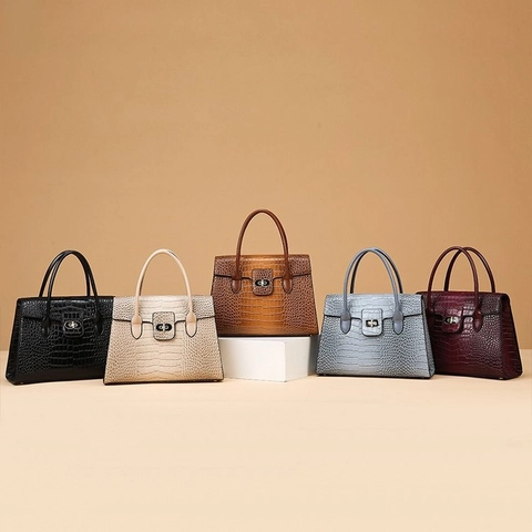 Croco Embossed Handbag Shoulder Bag And Wallet For Women Retro PU Leather Metal Turn Lock Commuter Tote