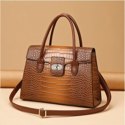 Croco Embossed Handbag Shoulder Bag And Wallet For Women Retro PU Leather Metal Turn Lock Commuter Tote