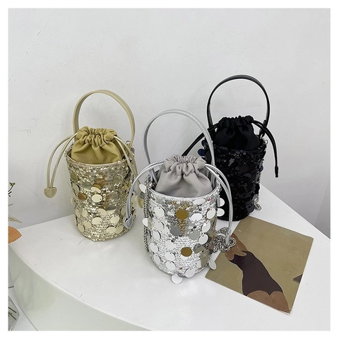 Shiny Sequin Bucket Bag Metallic Drawstring Handbag With Chain Strap Women Evening Party Fashion PU Leather