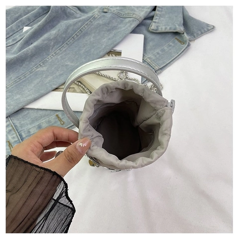 Shiny Sequin Bucket Bag Metallic Drawstring Handbag With Chain Strap Women Evening Party Fashion PU Leather