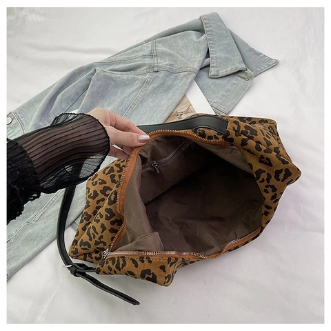 Bolso Hobo Con Estampado De Leopardo Para Mujer Gran Capacidad Gamuza Cuero PU Bolso De Hombro Retro Casual Con Cremallera