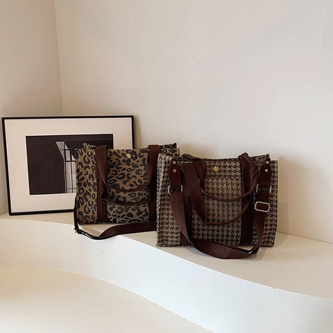 Grote Tote Handtas Dames Luipaard Houndstooth Print PU Canvas Schoudertas Crossbodytas Casual Veelzijdig