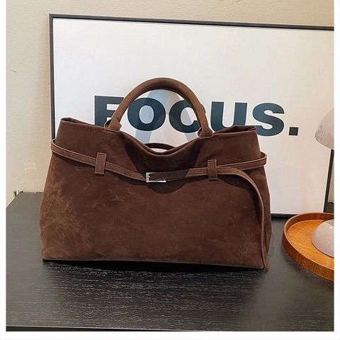 Borsa Tote Grande Da Donna Vintage Simil Camoscio Pelle PU Borsa A Mano Con Cintura Decorativa Fibbia Argento Retro Spalla
