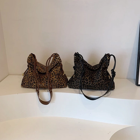 Borsa Hobo Con Stampa Leopardata Donna Grande Capacità Pelle PU Tote Borsa A Spalla Tracolla Coulisse Tracolla A Nodo Retro Casual