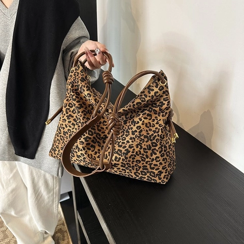 Borsa Hobo Con Stampa Leopardata Donna Grande Capacità Pelle PU Tote Borsa A Spalla Tracolla Coulisse Tracolla A Nodo Retro Casual