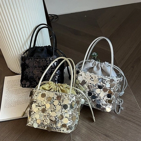 Große Eimer-Tasche Mit Runden Pailletten PU-Leder Kordelzug Und Metallkette Umhängetasche Handtasche Für Partys
