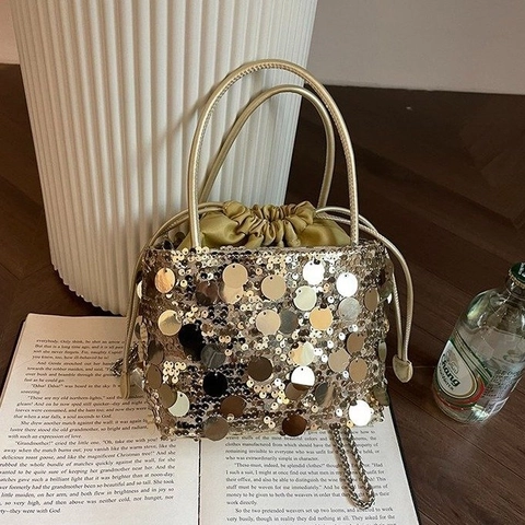 Große Eimer-Tasche Mit Runden Pailletten PU-Leder Kordelzug Und Metallkette Umhängetasche Handtasche Für Partys