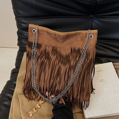 Damen Boho Velourslederimitat Fransen Umhängetasche Große Kapazität Vintage Crossbody Tasche Mit Silberner Metallkette Handtasche