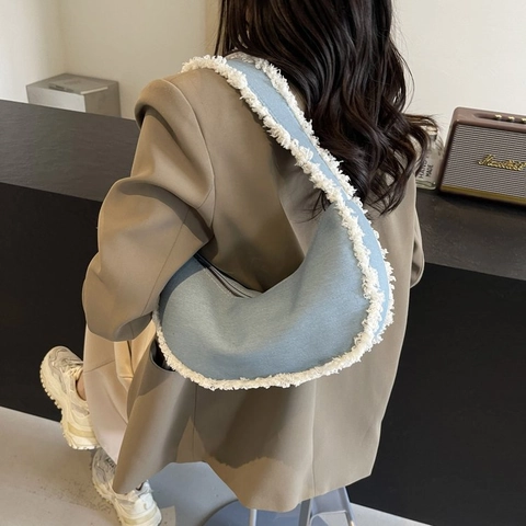 Borsa Hobo In Denim A Mezzaluna Da Donna Con Bordo In Ecopelliccia Borsa A Spalla Retro Chiusura Lampo Moda