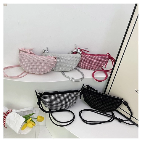 Women Rhinestone Crescent Hobo Bag Sparkling PU Leather Half Moon Underarm Shoulder Handbag With Knotted Strap
