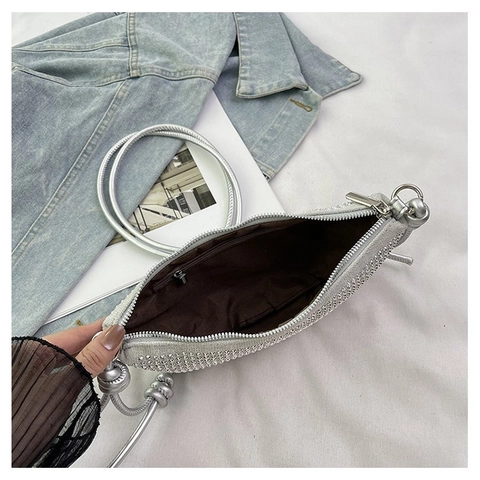 Women Rhinestone Crescent Hobo Bag Sparkling PU Leather Half Moon Underarm Shoulder Handbag With Knotted Strap