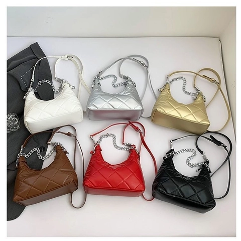 Borsa Hobo Trapuntata Pelle PU Motivo A Rombi Con Catena Argento Borsa A Spalla Tracolla Per Donna Moda Quotidiana