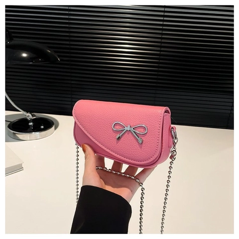 Women Pebbled PU Leather Crossbody Bag Mini Bow Knot Metal Decor Silver Bead Chain Strap Elegant Shoulder Purse