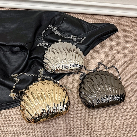 Shiny Shell Shaped Metallic PVC Evening Clutch Bag With Detachable Metal Chain For Women Elegant Party Wedding Crossbody Handbag