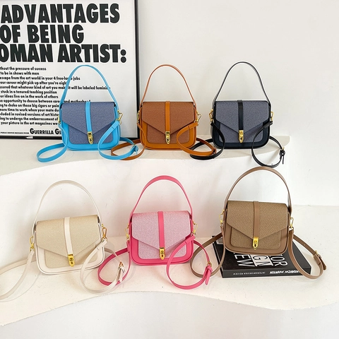 Women Crossbody Bag PU Leather Canvas Patchwork Retro Shoulder Bag With Adjustable Strap Metal Lock Elegant Handbag