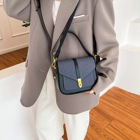 Women Crossbody Bag PU Leather Canvas Patchwork Retro Shoulder Bag With Adjustable Strap Metal Lock Elegant Handbag