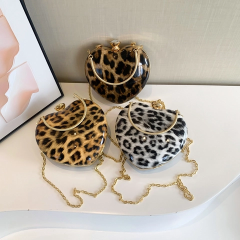 Pochette A Forma Di Cuore Con Stampa Leopardata Ecopelle Telaio Metallico Chiusura In Cristallo Borsa Da Sera Per Donna