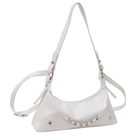 Damen PU Leder Hobo Unterachseltasche Silberkette Nieten Y2K Street Style Verstellbarer Riemen Reißverschluss Schultertasche