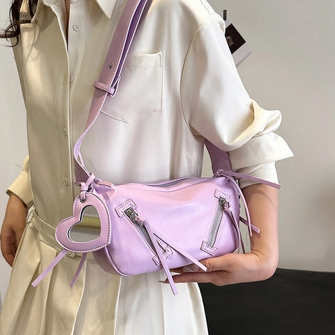 PU Leather Shoulder Bag Women Tassels Heart Mirror Charm Y2K Retro Streetwear Trendy Crossbody Handbag For Girls