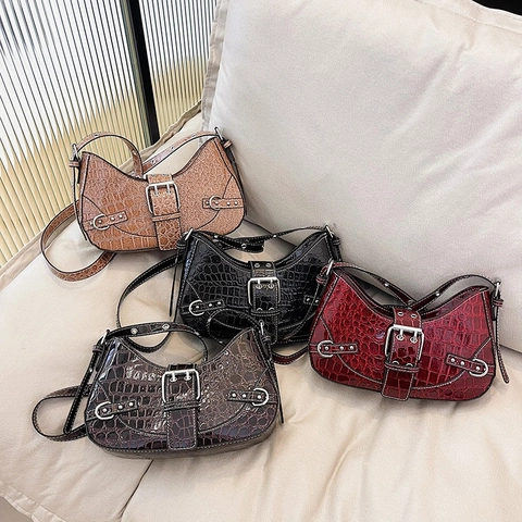 Crocodile Pattern PU Leather Shoulder Bag With Silver Buckle Rivets Vintage Underarm Hobo Crossbody Bag For Women