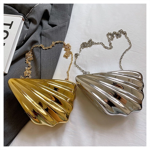 Bolso De Noche Con Forma De Concha Cartera De Mano De Acrílico Metálico Con Cadena Desmontable Diamantes De Imitación