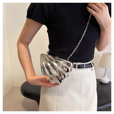 Shell Shaped Evening Bag Metallic Acrylic Hard Shell Clutch With Detachable Chain Rhinestone For Women Party Wedding