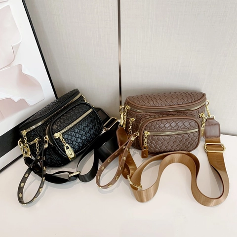 Gewebte PU-Leder Gürteltasche Für Damen Schicke Minimalistische Brusttasche Goldene Hardware Verstellbarer Riemen