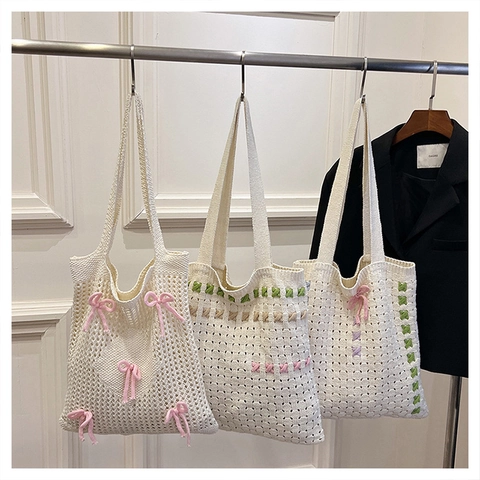 Women Korean Style Knitted Tote Bag Hollow Out Woven Shoulder Bag With Pink Bow Decorations Casual Crochet Handbag