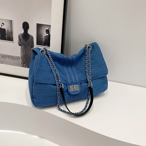 Damen Denim Umhängetasche Große Kapazität Silberne Kette Schultergurt Urban Einfach Casual Gewaschene Denim Handtasche Mit Drehverschluss