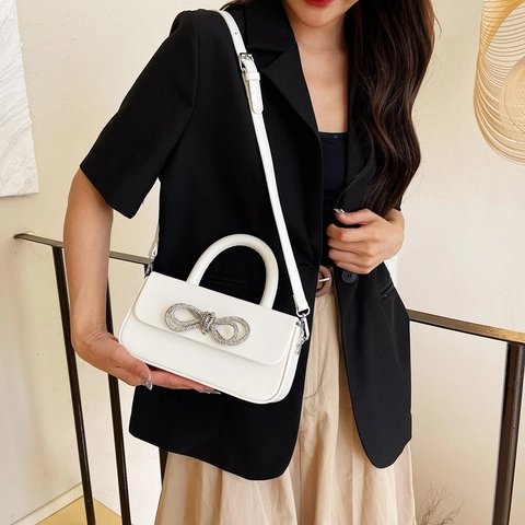 Women Shoulder Crossbody Bag PU Leather Rhinestone Sparkling Bowknot Elegant Fashion Evening Handbag Trendy