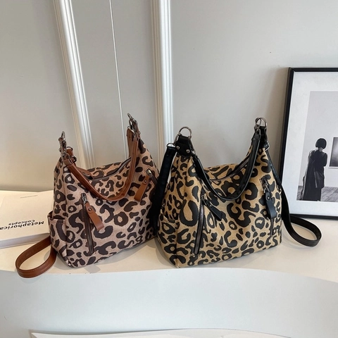 Damen Schultertasche Mit Leopard Druck Leinwand Große Kapazität Multi Reißverschlusstasche Kunstlederriemen Hobo Tote