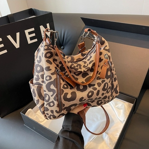 Damen Schultertasche Mit Leopard Druck Leinwand Große Kapazität Multi Reißverschlusstasche Kunstlederriemen Hobo Tote