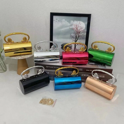 Cylindrical Metallic Evening Clutch Bag With Lion Head Handle And Detachable Chain Strap Elegant Mirror Texture Handbag