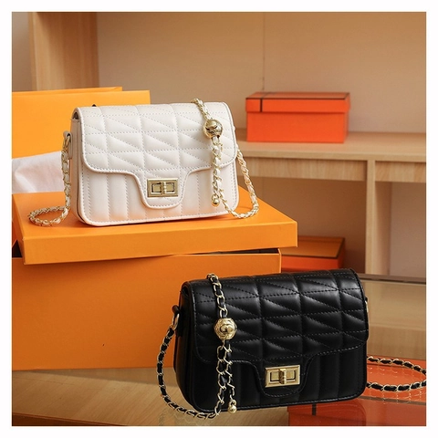 Women Quilted PU Leather Crossbody Bag Rhombus Square Shoulder Purse With Adjustable Gold Ball Chain Strap Turn Lock
