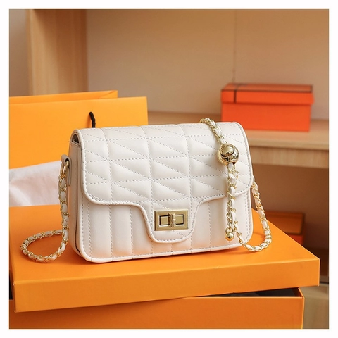 Women Quilted PU Leather Crossbody Bag Rhombus Square Shoulder Purse With Adjustable Gold Ball Chain Strap Turn Lock