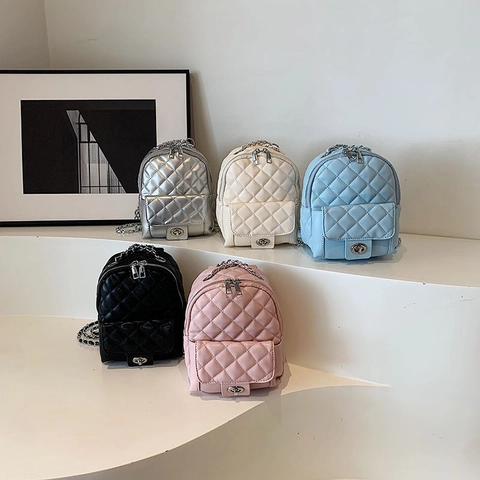 Mini Zaino Trapuntato A Rombi Pelle Pu Borsa A Tracolla Catena In Metallo Argento Chiusura A Girello Elegante Per Donne
