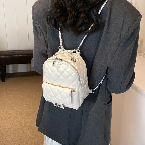 Mini Zaino Trapuntato A Rombi Pelle Pu Borsa A Tracolla Catena In Metallo Argento Chiusura A Girello Elegante Per Donne