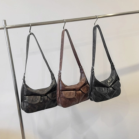 Borsa A Tracolla In Pelle PU Vintage Con Doppie Tasche Anteriori Tracolla Regolabile Borsa A Spalla Hobo Donna