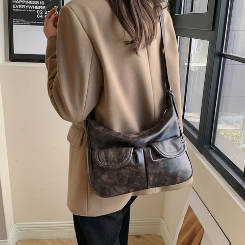 Borsa A Tracolla In Pelle PU Vintage Con Doppie Tasche Anteriori Tracolla Regolabile Borsa A Spalla Hobo Donna